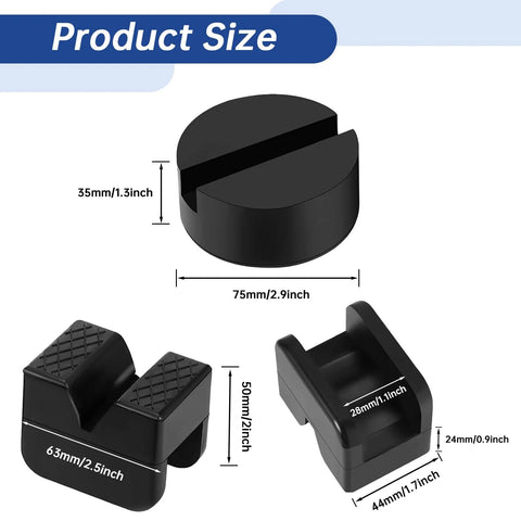 Amazon 8-pc black rubber jack stand pad set, two types; round 75mm x 35mm pad and two-slot frame adapters.