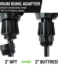 Drum Bung Adapter converting from 2" NPT to 2" buttress for versatile liquid dispensing uses.