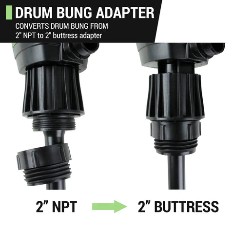 Drum Bung Adapter converting from 2" NPT to 2" buttress for versatile liquid dispensing uses.