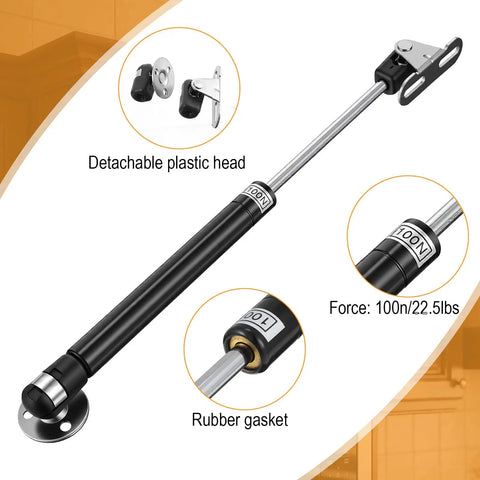 Ten Piece Set Of Heavy Duty 10 Inch Gas Struts For Cabinet Doors And Storage Boxes with detachable plastic head and rubber gasket.