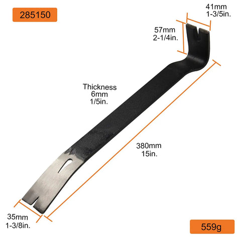 15 Inch Crow Bar Tool For Prying, Scraping, Lifting And Nail Pulling, steel bar with dimensions and angles shown