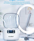 Powerful 45KHz Ultrasonic Jewelry Cleaner with 25oz tank showing degas function in a modern bathroom setting
