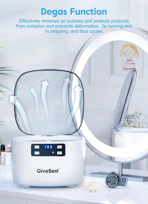 Powerful 45KHz Ultrasonic Jewelry Cleaner with 25oz tank showing degas function in a modern bathroom setting