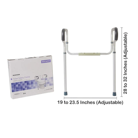 Adjustable Toilet Safety Frame And Rail With Padded Waterfall Armrests Gives You Straight Up Stable Balance As A No Fuss Heavy Duty Bathroom Assist Handle For Seniors next to packaging box.