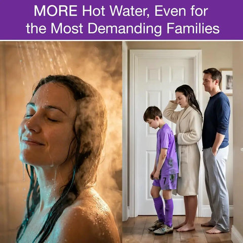 Indoor Liquid Propane Tankless Water Heater Dishes Out Kickin Hot Water Through WiFi Smart Controls At 9.5 Flow Rate With High Efficiency Non Condensing Design For Whole Home Comfort, family enjoying hot shower.