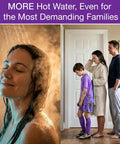 Woman enjoying a hot shower and family waiting in home; showcasing the Whole House Liquid Propane Tankless Water Heater For Outdoor Installations With 9.5 Gpm Beefy Flow Rate Delivers 199900 Btus Of Instant Continuous Hot Water No More Cold Showers And Smart Wifi Tech.