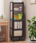 Floor Standing Bookshelf With Bamboo Shelves And Plastic Doors in office corner, books and decor displayed inside, 136 cm high