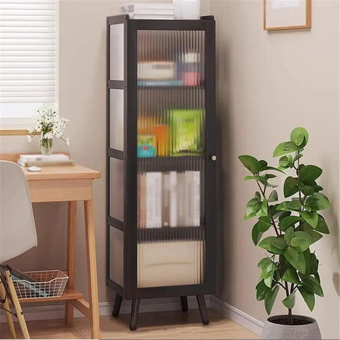 Floor Standing Bookshelf With Bamboo Shelves And Plastic Doors in office corner, books and decor displayed inside, 136 cm high