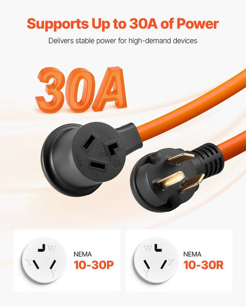Legit Heavy Duty 25 Foot 30 Amp Dryer Extension Cord With 10 Awg Pure Copper And Nema 10 30 P To R Plugs Rated For 125 250 Volts 7500 Watts showing power plugs and ratings.