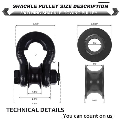 Technical details of Upgraded Snatch Block Three Quarters Inch D Ring Shackle 2 Pack With Towing Pulley