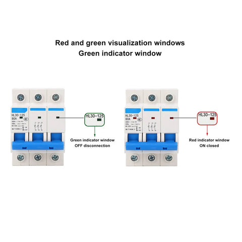 Three Pole Miniature Circuit Breaker 400V 80A Din Rail Mount for Home Office Protection Safe Electrical Isolation Plug and Play Easy Install HL30-125 Today with red and green indicator windows.