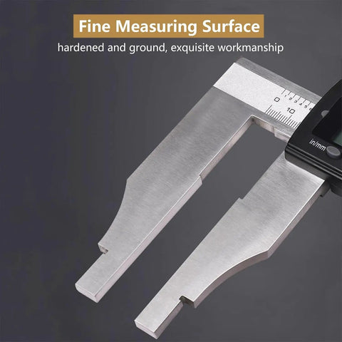 Close-up of the fine measuring surface of the Digital Caliper 0-800mm/31.5 in, Long Jaw LCD Measuring Tool with Inch Metric Conversion.