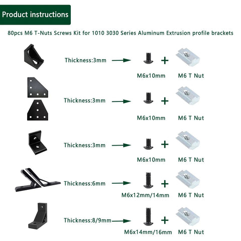 80 Piece M6 T Nut Screws Kit For 1010 1020 Aluminum Extrusions with M6x10mm to M6x16mm socket cap screws and T nuts