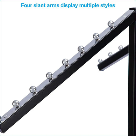 Close-up of Black 4 Way Adjustable Clothing Rack With Slanted Arms Retail Display Stand Adjustable Height From 48 To 72 Inches
