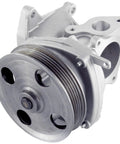Heavy Duty Engine Water Pump For Top Shelf Cooling Performance Direct Fit OE Specs Leak Proof Gasket angle view showing metal design and features.