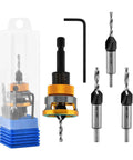 Built Tough Countersink Drill Bit Set With Adjustable Depth Stop And Quick Change Hex Shank, four drill bits and adapter included.