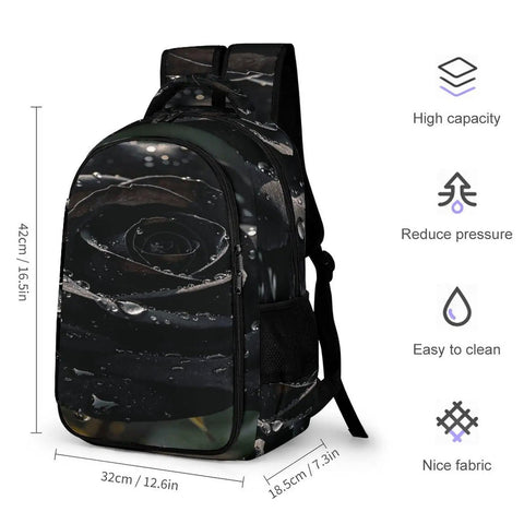 Dew Rose Print Unisex Backpack With Large Capacity For Everyday Carry, durable polyester, 12.6x7.3x16.5in, smooth zipper detail