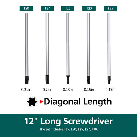 Extra Long Magnetic Torx Screwdriver Set For Tough Reach Jobs 5 Piece 12 Inch T15 T20 T25 T27 T30 sizes shown