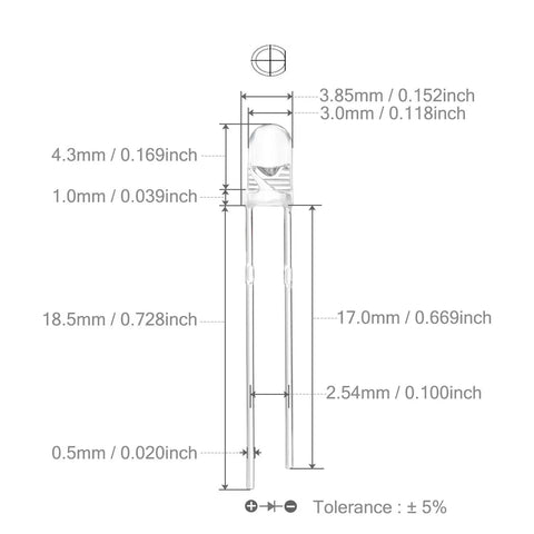 Diagram of 3mm LED with dimensions from Led Diode Lights Assortment Kit 100Pcs 3mm With Clear Lens 2 Leads Dc 20mA 10 Colors Mixed