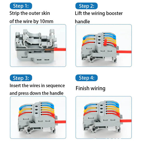 Step-by-step guide on using 10 Pack 2 In 4 Out Push Lever Wire Connectors Din Rail Mount in wiring projects.