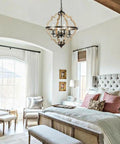 4 Light Orb Farmhouse Chandelier Stardust Finish Handmade Rustic Vintage Wood Light Fixture For Dining Room Living Room Foyer And Kitchen Brown Ideal Accent Lighting For Modern Rustic Homes in elegant bedroom setting.