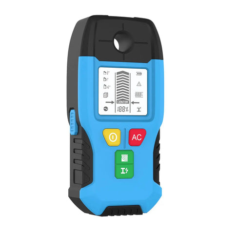 Xevaldric Wall Scanner 6-in-1 Stud Finder Metal Detector handheld device with LCD display and color buttons.