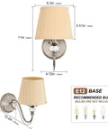 1-Light Brushed Nickel Vanity Light with Beige Fabric, Modern Wall Sconce showing dimensions and design details.