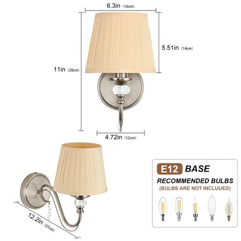 1-Light Brushed Nickel Vanity Light with Beige Fabric, Modern Wall Sconce showing dimensions and design details.