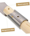 Close-up of Long Handle Manganese Steel Grass Sickle For Weeding And Harvesting All Purpose Garden Tool's wood handle and steel blade.