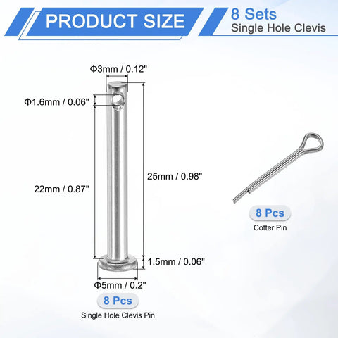 Top Shelf 8 Piece M3x25mm Single Hole Clevis Pins With Cotter Pins Heavy Duty 304 Stainless Steel size chart with dimensions