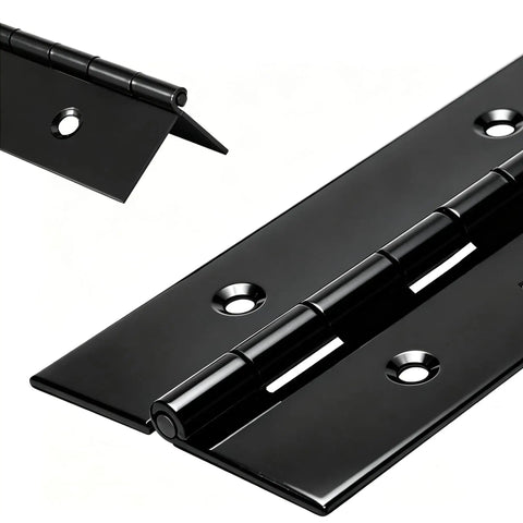 Heavy Duty 8 Inch Piano Hinge Continuous Hinges Rock Solid Hold Stainless Steel Black Finish For Wood Cabinets And Furniture Zero Sweat Setup Premium Hardware detailed view of black steel hinge, showing pins and smooth finish.