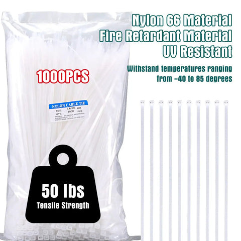 Tough As Nails 12 Inch White Zip Ties Mega Pack 1000 Count Outdoor UV Resistant Nylon Cable Ties with 50 lb tensile strength