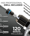 Pro Rivet Gun Kit With 120 Pop Rivets And 4 HSS Drills For Quick, Easy Blind Rivet Fixes, Heavy Duty Pop Rivet Tool Set details.