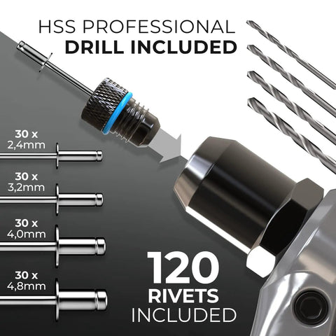 Pro Rivet Gun Kit With 120 Pop Rivets And 4 HSS Drills For Quick, Easy Blind Rivet Fixes, Heavy Duty Pop Rivet Tool Set details.