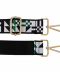 Slap This Wide Adjustable Jacquard Purse Strap On Any Bag For Major Crossbody Vibes And Watch It Slay With Premium Gold Hardware In Chic Triangular Green, showing the strap's clasp and weave.