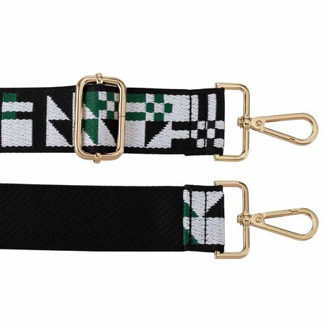 Slap This Wide Adjustable Jacquard Purse Strap On Any Bag For Major Crossbody Vibes And Watch It Slay With Premium Gold Hardware In Chic Triangular Green, showing the strap's clasp and weave.