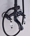 UMJIGF Shower System with Hot and Cold Water Shower Combo Set Multifunction Double Handles Shower Faucet Set with Shower Head, Handheld Shower, Waterfall Tub Spout, Black Bronze top view of black bronze shower faucet with dual handles and attached hose.