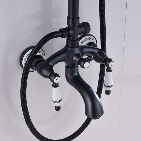 UMJIGF Shower System with Hot and Cold Water Shower Combo Set Multifunction Double Handles Shower Faucet Set with Shower Head, Handheld Shower, Waterfall Tub Spout, Black Bronze top view of black bronze shower faucet with dual handles and attached hose.