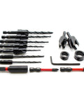 15 Piece Countersink Tapered Drill Bit Kit featuring various sizes and Phillips bits for precise woodwork.