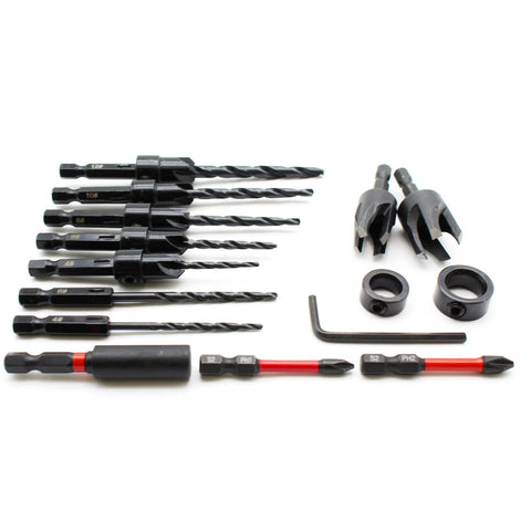15 Piece Countersink Tapered Drill Bit Kit featuring various sizes and Phillips bits for precise woodwork.
