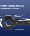Close-up of a 3/4" ratcheting drive from the Three Piece Spud Wrench Set Heavy Duty Featuring A Twelve Inch Spud Wrench.