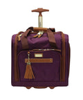 Front view of a small purple suitcase featuring a pull handle and visible front pocket. Lightweight 15 Inch Carry On Luggage With Dual Spinner Wheels Underseat Weekender Bag For Travel On The Go Overnight Business Bag For Women Small Purple Suitcase Airport Friendly Durable And Easy Rolling.