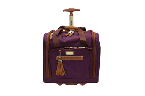 Front view of a small purple suitcase featuring a pull handle and visible front pocket. Lightweight 15 Inch Carry On Luggage With Dual Spinner Wheels Underseat Weekender Bag For Travel On The Go Overnight Business Bag For Women Small Purple Suitcase Airport Friendly Durable And Easy Rolling.