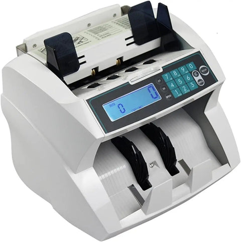 Premium Automatic Money Counter With Top Notch Uv Mg Ir Bill Detection And Blazing Fast Multi Currency Counting For Canada Polymer Cash Worldwide Paper Money Sorted With Zero Hiccup, close-up view of user interface and bill feeding slots.