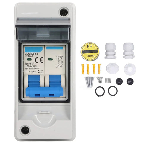 PV DC Circuit Breaker 32A 6kA IP65 DC Isolator Switch For PV Solar Panel Grid Connected Systems Home And RV Use Pro Grade Miniature Breaker With Overload And Overvoltage Protection, front view and components