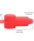 Side view of red silicone terminal cover, 1.85 inches long with 0.4 inch wire opening, part of 10 Pack Silicone Terminal Covers For Battery Studs And Power Junction Blocks, Fits 10 To 2 AWG Wire, 5 Red And 5 Black Pairs, Shields Wiring From Corrosion And Shorting, Keeps Your Rig Safe On Three Eighths Inch Or Smaller Studs.