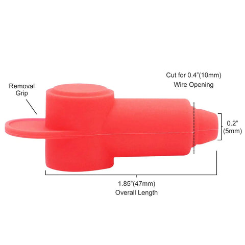 Side view of red silicone terminal cover, 1.85 inches long with 0.4 inch wire opening, part of 10 Pack Silicone Terminal Covers For Battery Studs And Power Junction Blocks, Fits 10 To 2 AWG Wire, 5 Red And 5 Black Pairs, Shields Wiring From Corrosion And Shorting, Keeps Your Rig Safe On Three Eighths Inch Or Smaller Studs.