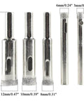 Front view of 5-piece diamond drill bit set; hollow-core metal bits in 12mm, 10mm, 8mm, 6mm, 5mm