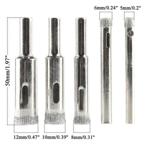Front view of 5-piece diamond drill bit set; hollow-core metal bits in 12mm, 10mm, 8mm, 6mm, 5mm