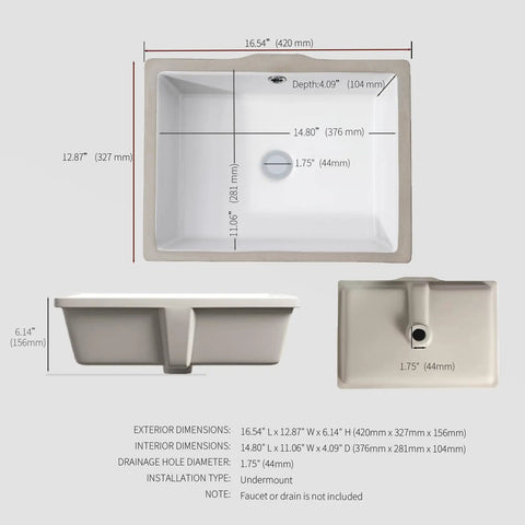 Top and side view of Compact White Ceramic Undermount Bathroom Sink 16.54 By 12.87 Inches With Overflow Rectangular Vanity Lavatory Basin For Modern Under Counter Install Space Saver Design For Tiny Bathrooms showing dimensions and details.